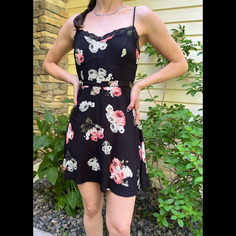 Revolve MinkPink black floral mini fun dress, thin straps, lace chest trim, XS
